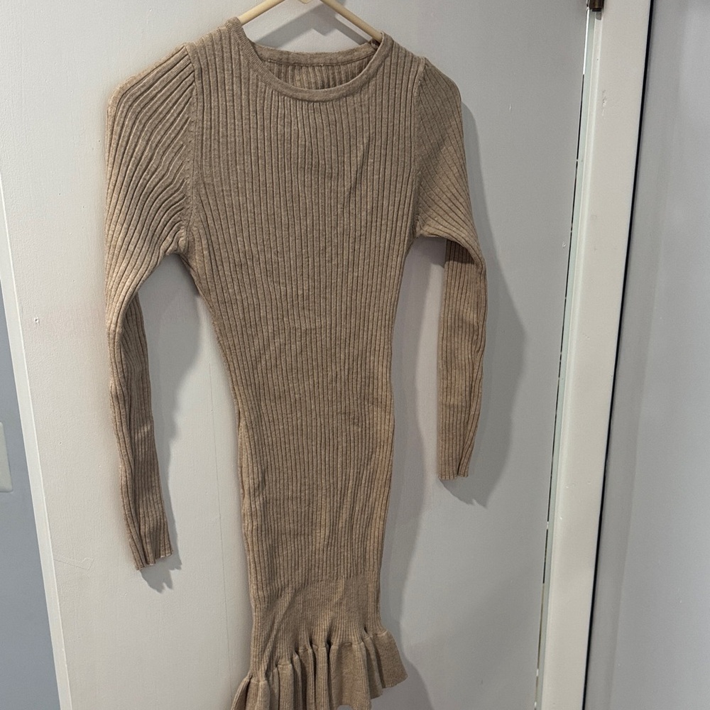 Elegant Tan Ribbed Mini Dress